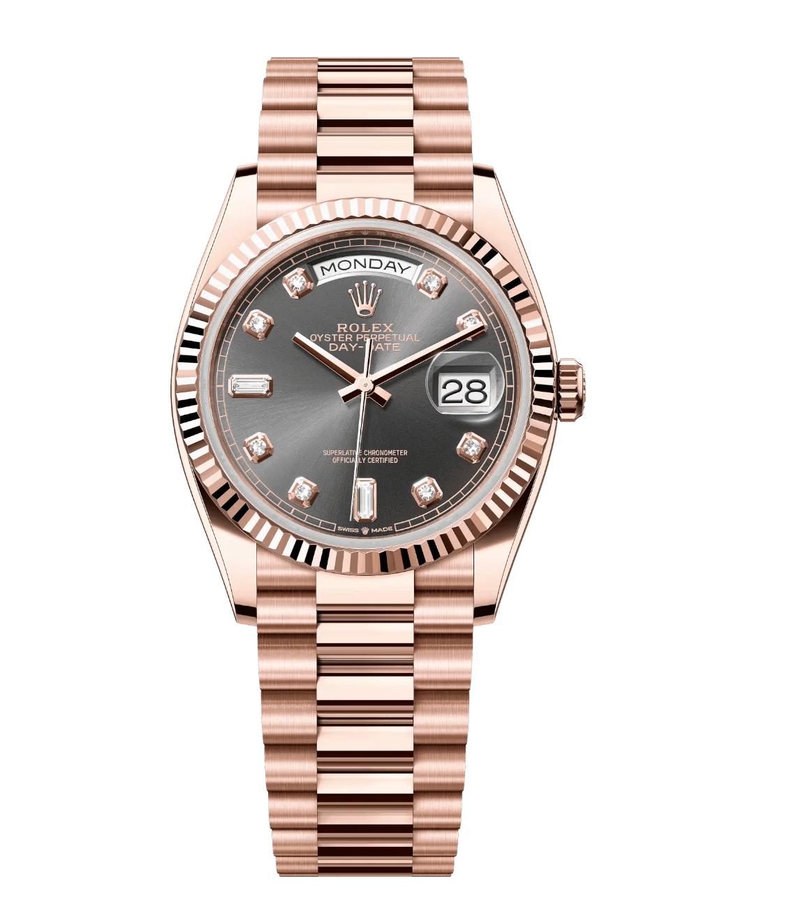 Rolex Day-Date 36 Oyster Perpetual 18 ct Everose gold slate, diamond-set dial fluted bezel President band Reference Classic 1722