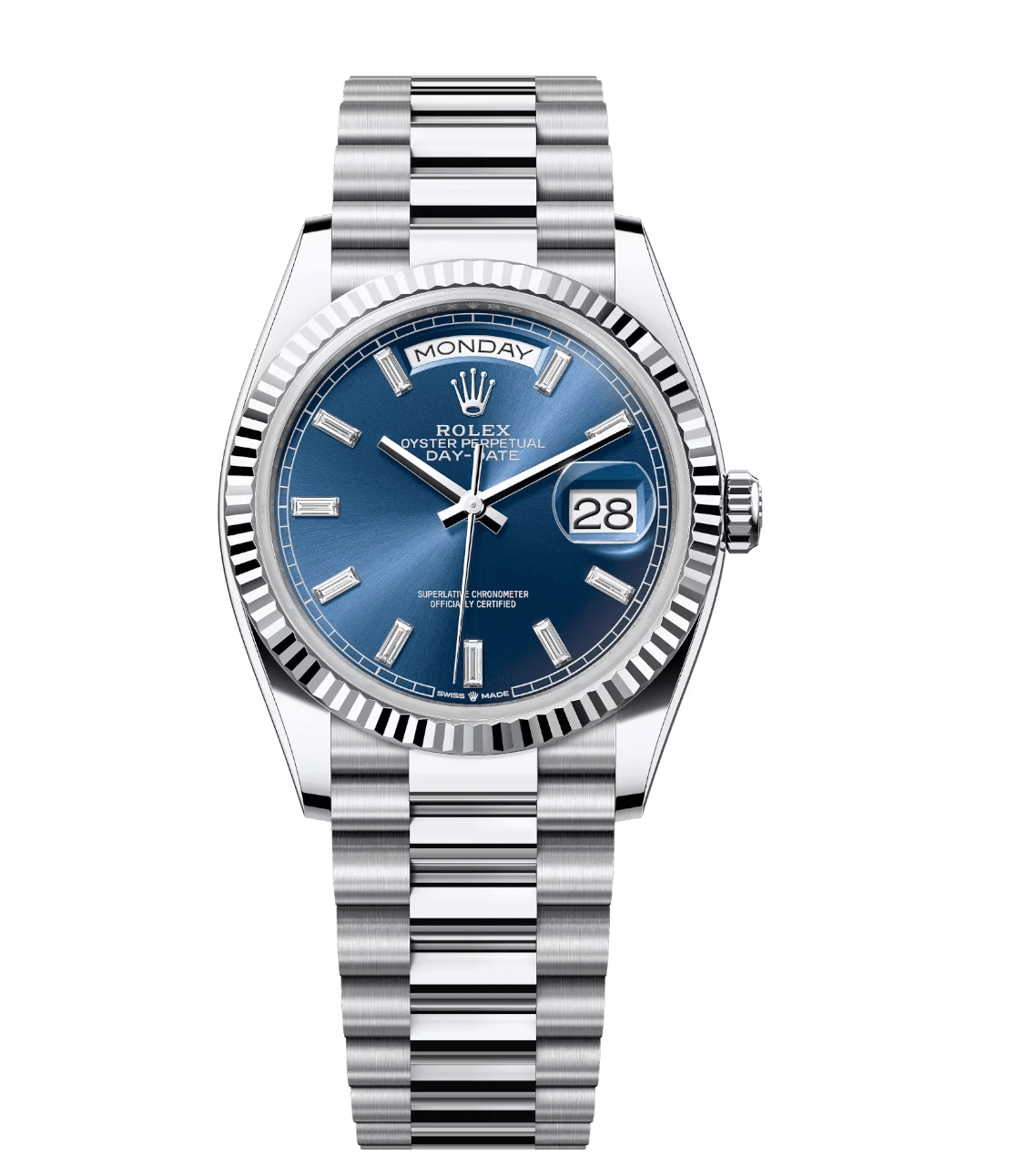 Rolex Day-Date 36 Oyster Perpetual platinum bright blue, diamond-set dial fluted bezel President band Reference QuickDry 1760