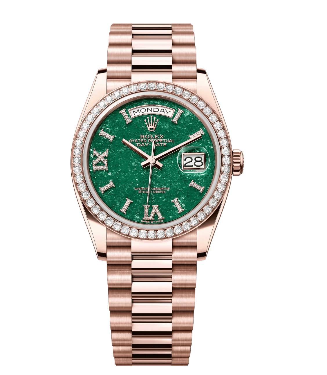 Rolex Day-Date 36 Oyster Perpetual 18 ct Everose gold green aventurine, diamond-set dial diamond-set bezel President band Reference 128345RBR BestValue 1718