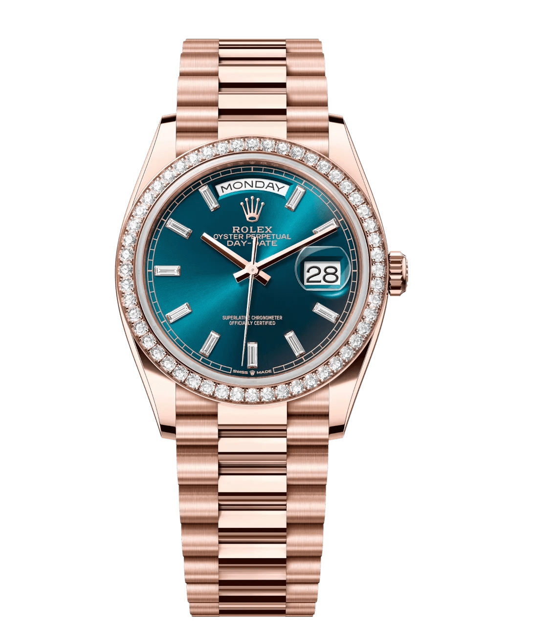 Rolex Day-Date 36 Oyster Perpetual 18 ct Everose gold blue-green, diamond-set dial diamond-set bezel President band Reference 128345RBR Affordable 1774
