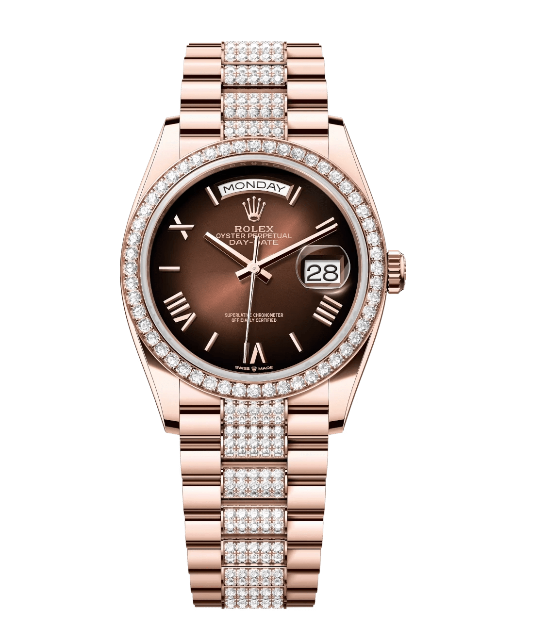 Rolex Day-Date 36 Oyster Perpetual 18 ct Everose gold brown ombré dial diamond-set bezel diamond-set President band Reference 128345RBR ZeroBulk 1785