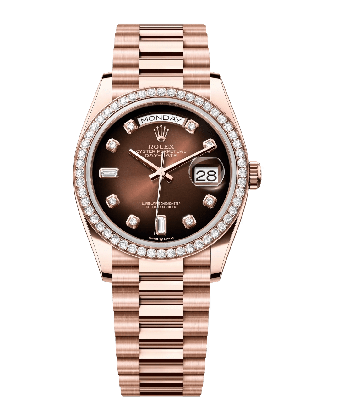 Rolex Day-Date 36 Oyster Perpetual 18 ct Everose gold brown ombré, diamond-set dial diamond-set bezel President band Reference 128345RBR Modern 1719