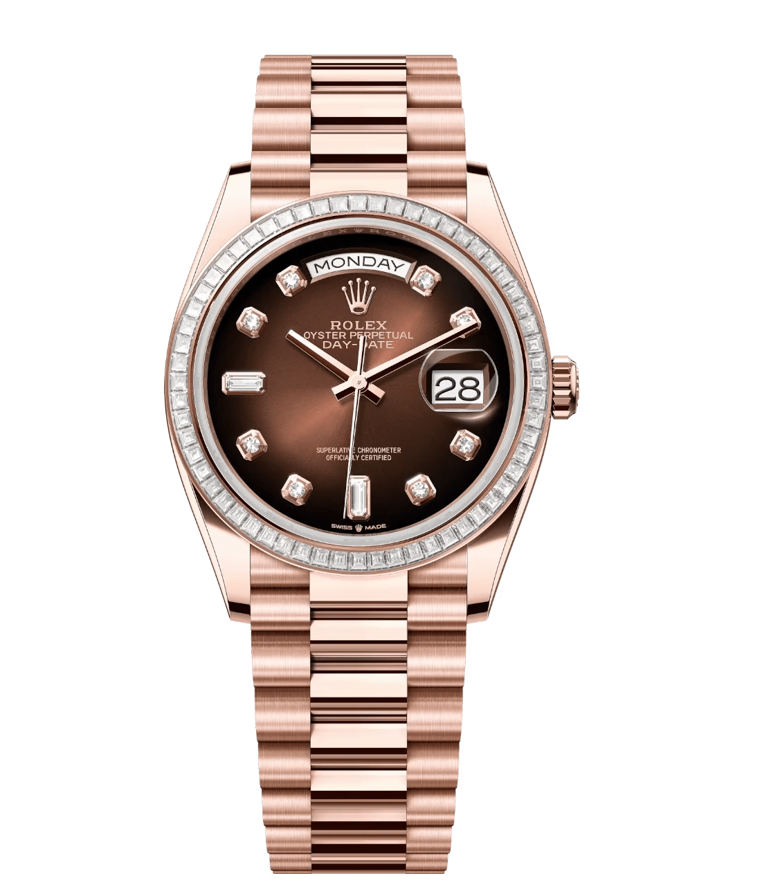 Rolex Day-Date 36 Oyster Perpetual 18 ct Everose gold brown ombré, diamond-set dial diamond-set bezel President band Reference 128395TBR Timeless 1724