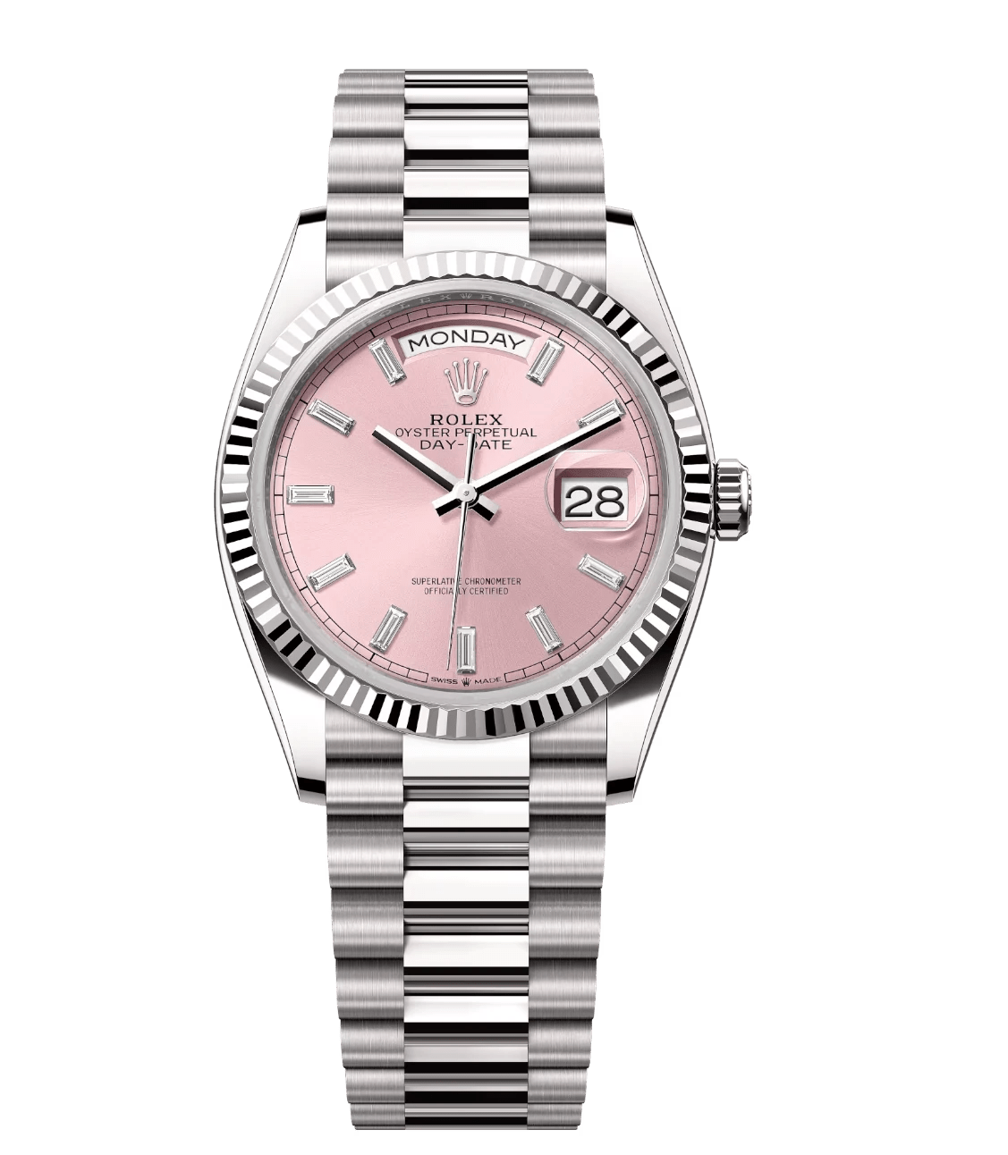 Stretchable Rolex Day-Date 36 Oyster Perpetual 18 ct white gold pink, diamond-set dial fluted bezel President band Reference 1735