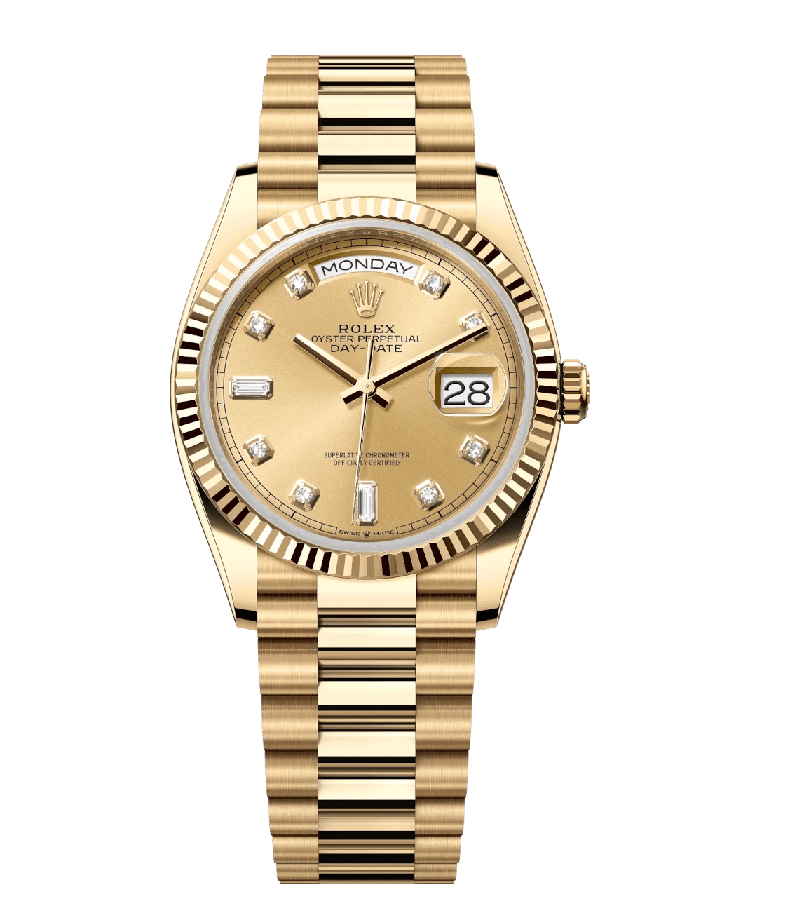 Rolex Day-Date 36 Oyster Perpetual 18 ct yellow gold champagne-colour, diamond-set dial fluted bezel President band Reference Unisex 1675