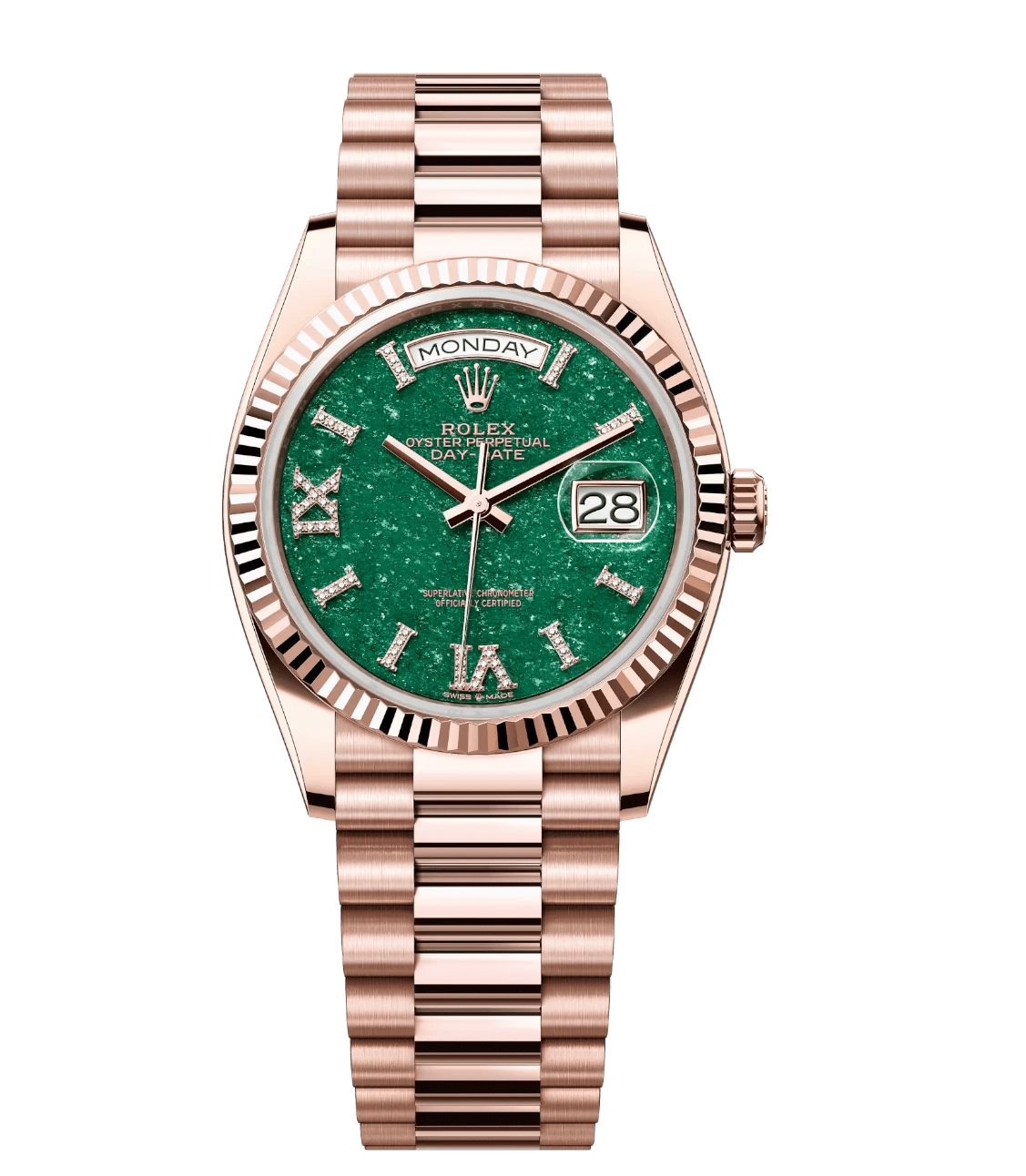 Youthful Rolex Day-Date 36 Oyster Perpetual 18 ct Everose gold green aventurine, diamond-set dial fluted bezel President band Reference 1731