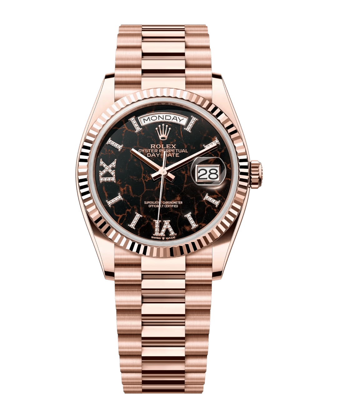 Rolex Day-Date 36 Oyster Perpetual 18 ct Everose gold eisenkiesel, diamond-set dial fluted bezel President band Reference Contemporary 1799