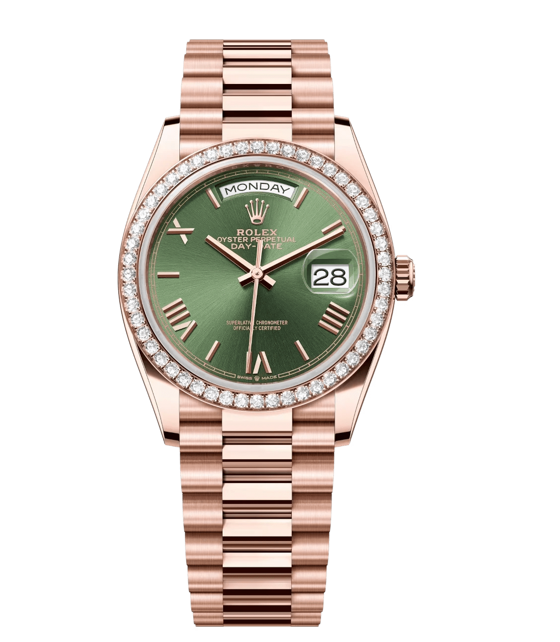 GoodFit Rolex Day-Date 36 Oyster Perpetual 18 ct Everose gold olive-green dial diamond-set bezel President band Reference 128345RBR 1783