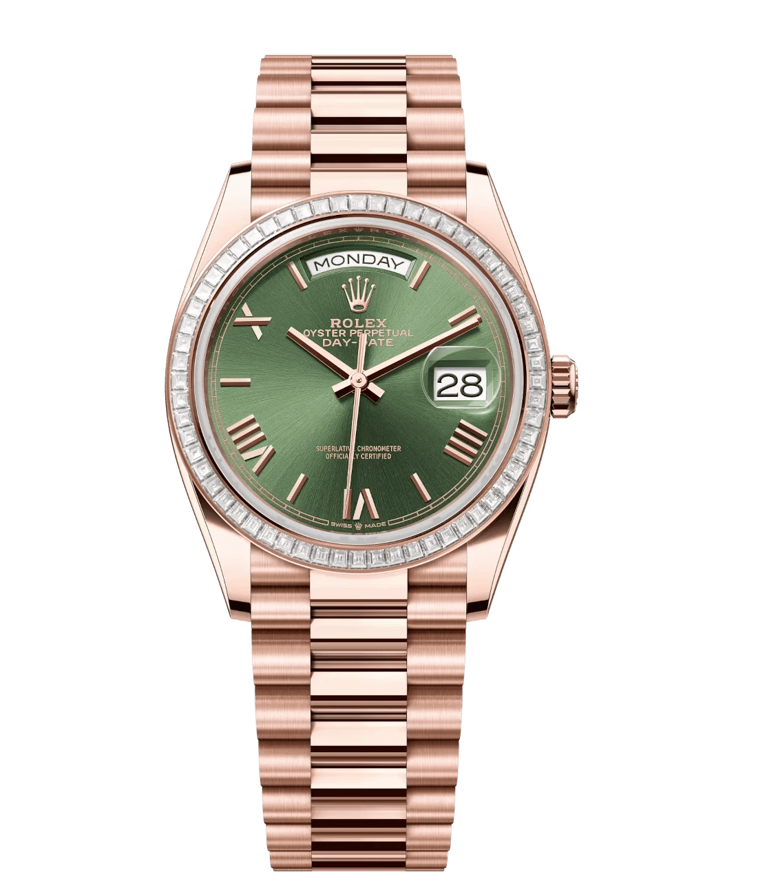Neat Rolex Day-Date 36 Oyster Perpetual 18 ct Everose gold olive-green dial diamond-set bezel President band Reference 128395TBR 1768