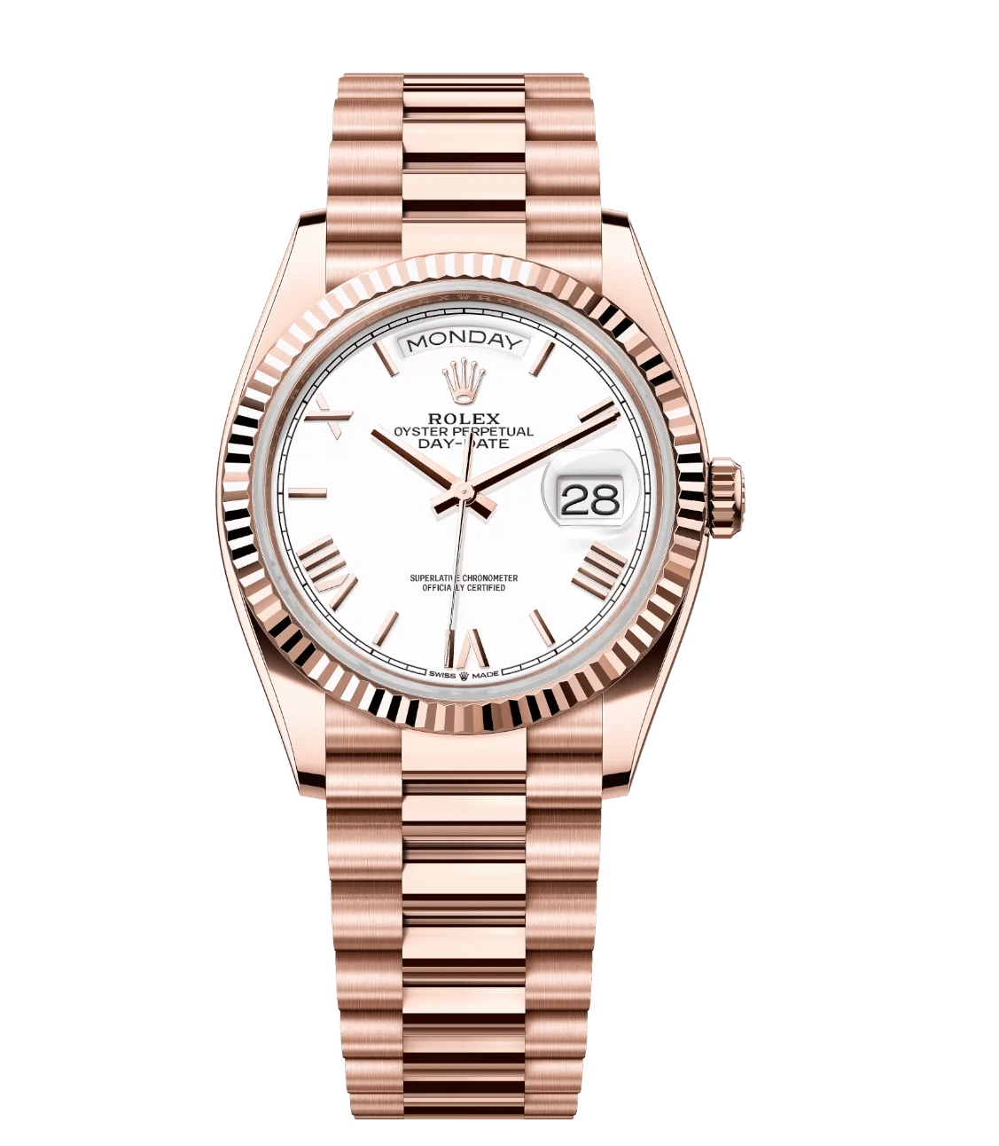 Rolex Day-Date 36 Oyster Perpetual 18 ct Everose gold white dial fluted bezel President band Reference Functional 1750