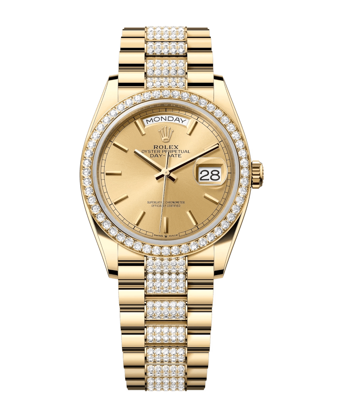 Flexible Rolex Day-Date 36 Oyster Perpetual 18 ct yellow gold champagne-colour dial diamond-set bezel diamond-set President band Reference 128348RBR 1788