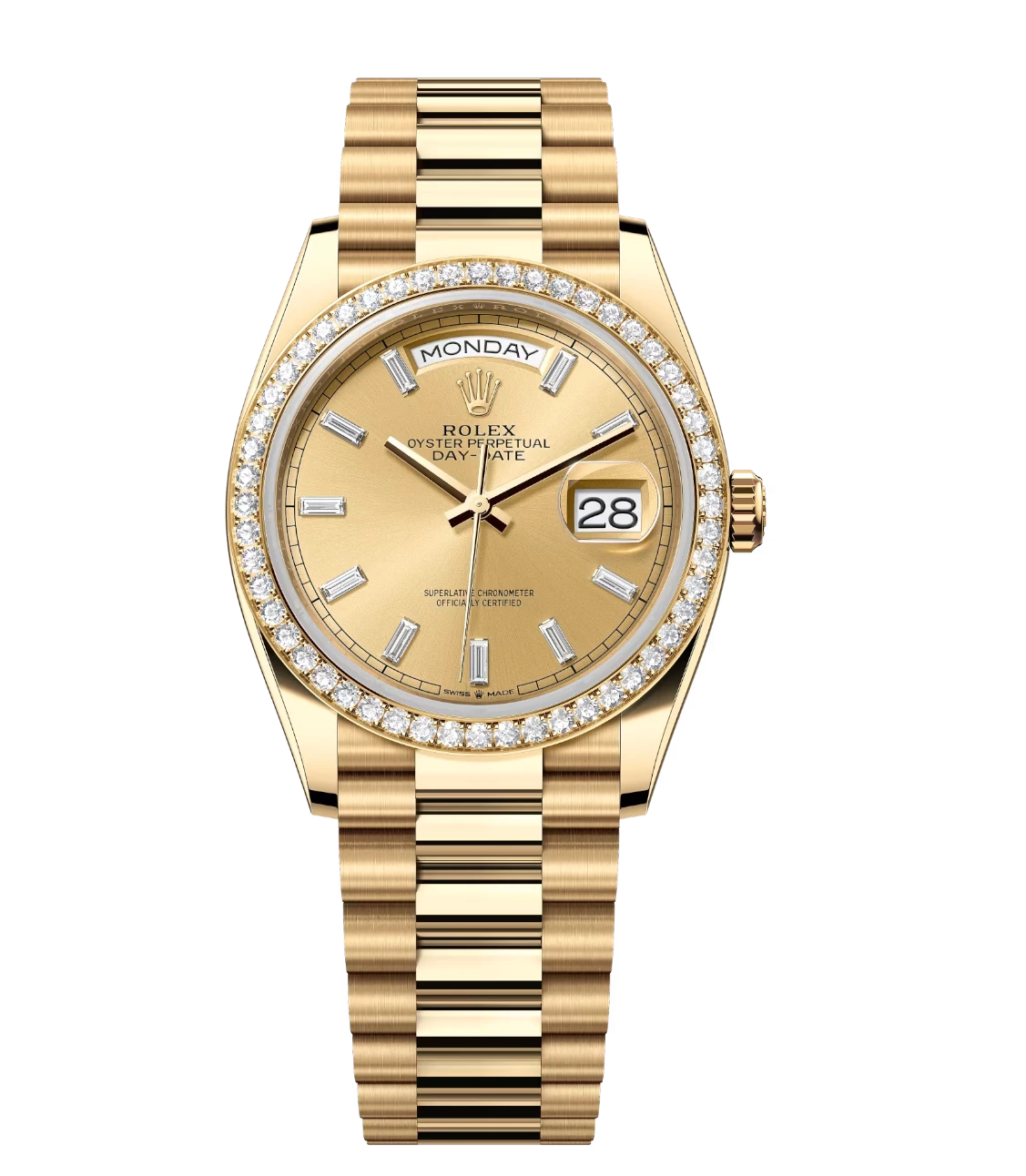 Timeless Rolex Day-Date 36 Oyster Perpetual 18 ct yellow gold champagne colour, diamond-set dial diamond-set bezel President band Reference 128348RBR 1720