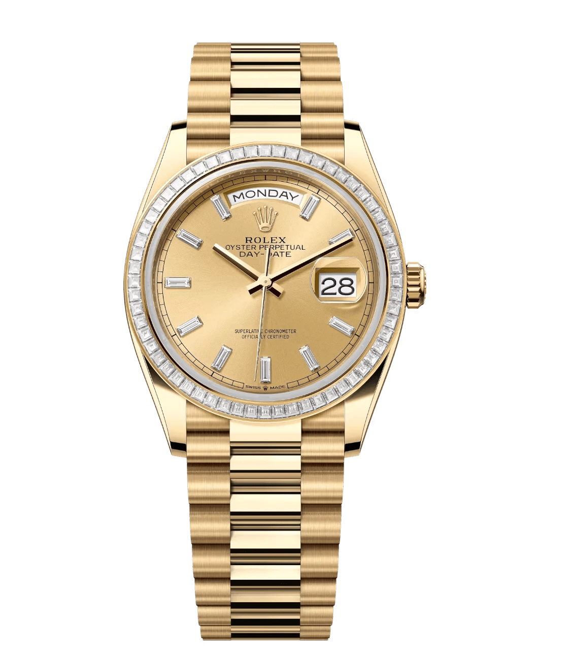 Thermal Rolex Day-Date 36 Oyster Perpetual 18 ct yellow gold champagne colour, diamond-set dial diamond-set bezel President band Reference 128398TBR 1711