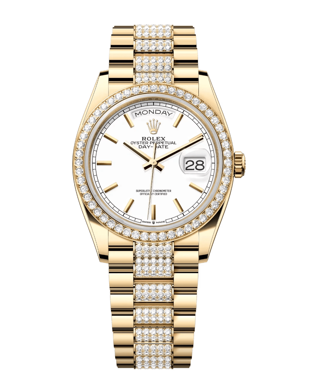 HighQuality Rolex Day-Date 36 Oyster Perpetual 18 ct yellow gold white dial diamond-set bezel diamond-set President band Reference 128348RBR 1698
