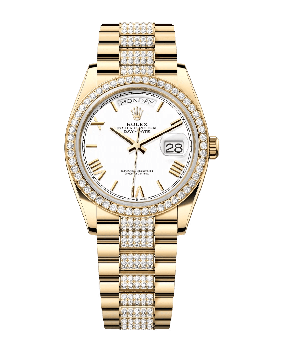 Rolex Day-Date 36 Oyster Perpetual 18 ct yellow gold white dial diamond-set bezel diamond-set President band Reference 128348RBR Sporty 1739
