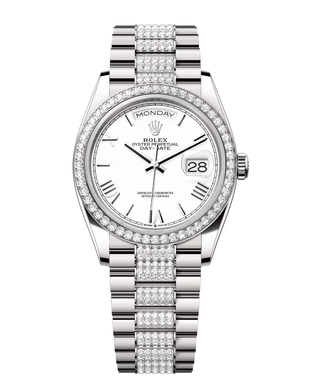Chic Rolex Day-Date 36 Oyster Perpetual 18 ct white gold white dial diamond-set bezel diamond-set President band Reference 128349RBR 1714