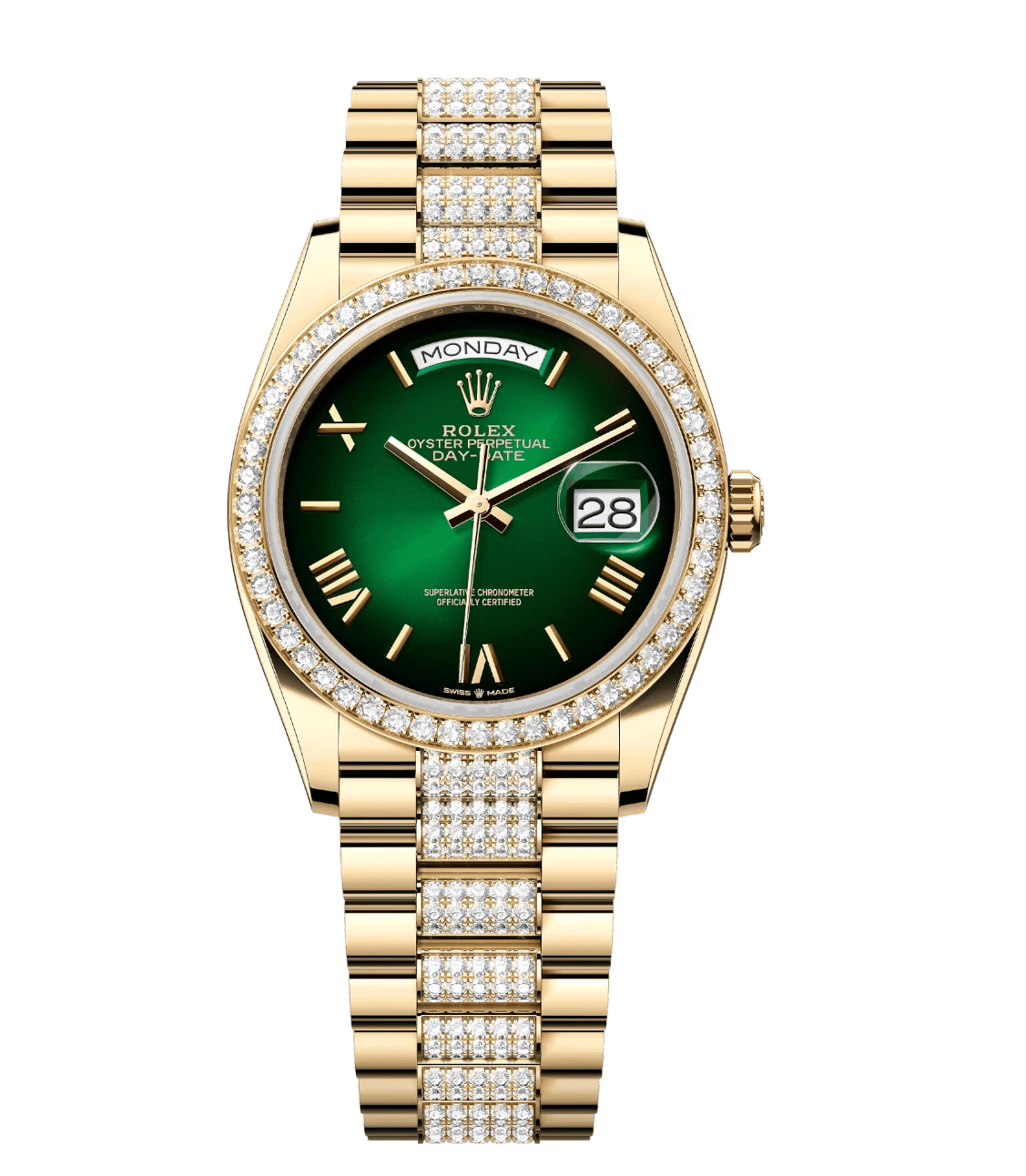 Upgraded Rolex Day-Date 36 Oyster Perpetual 18 ct yellow gold green ombré dial diamond-set bezel diamond-set President band Reference 128348RBR 1721