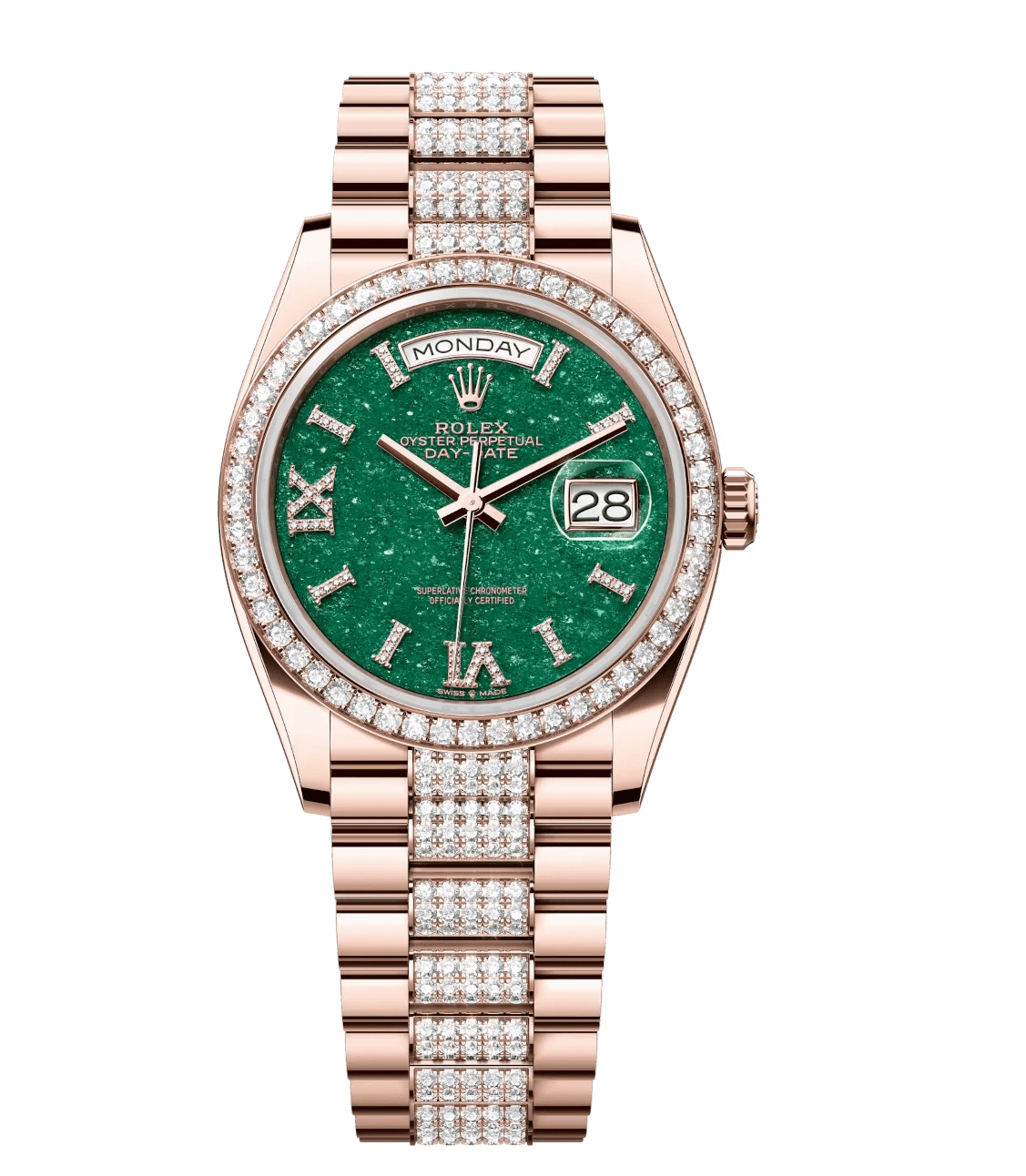 Packable Rolex Day-Date 36 Oyster Perpetual 18 ct Everose gold rosé colour, diamond-set dial diamond-set bezel diamond-set President band Reference 128345RBR 1693