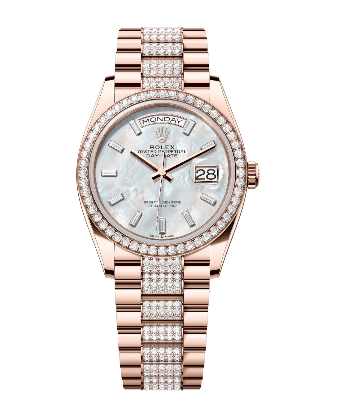 Tailored Rolex Day-Date 36 Oyster Perpetual 18 ct Everose gold white mother-of-pearl, diamond-set dial diamond-set bezel diamond-set President band Reference 128345RBR 1716