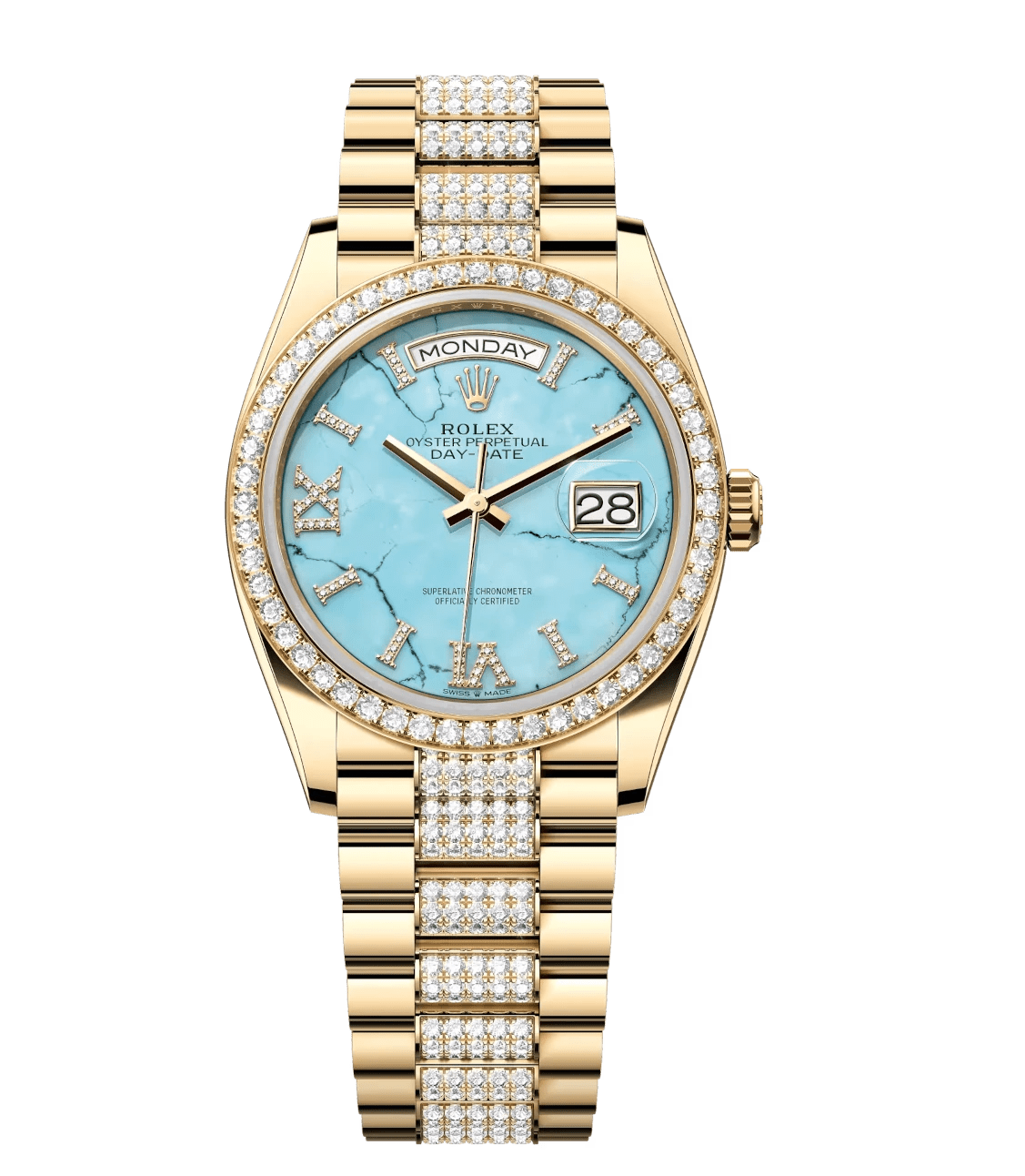 Stylish Rolex Day-Date 36 Oyster Perpetual 18 ct yellow gold bright green, diamond-set dial diamond-set bezel diamond-set President band Reference 128348RBR 1699