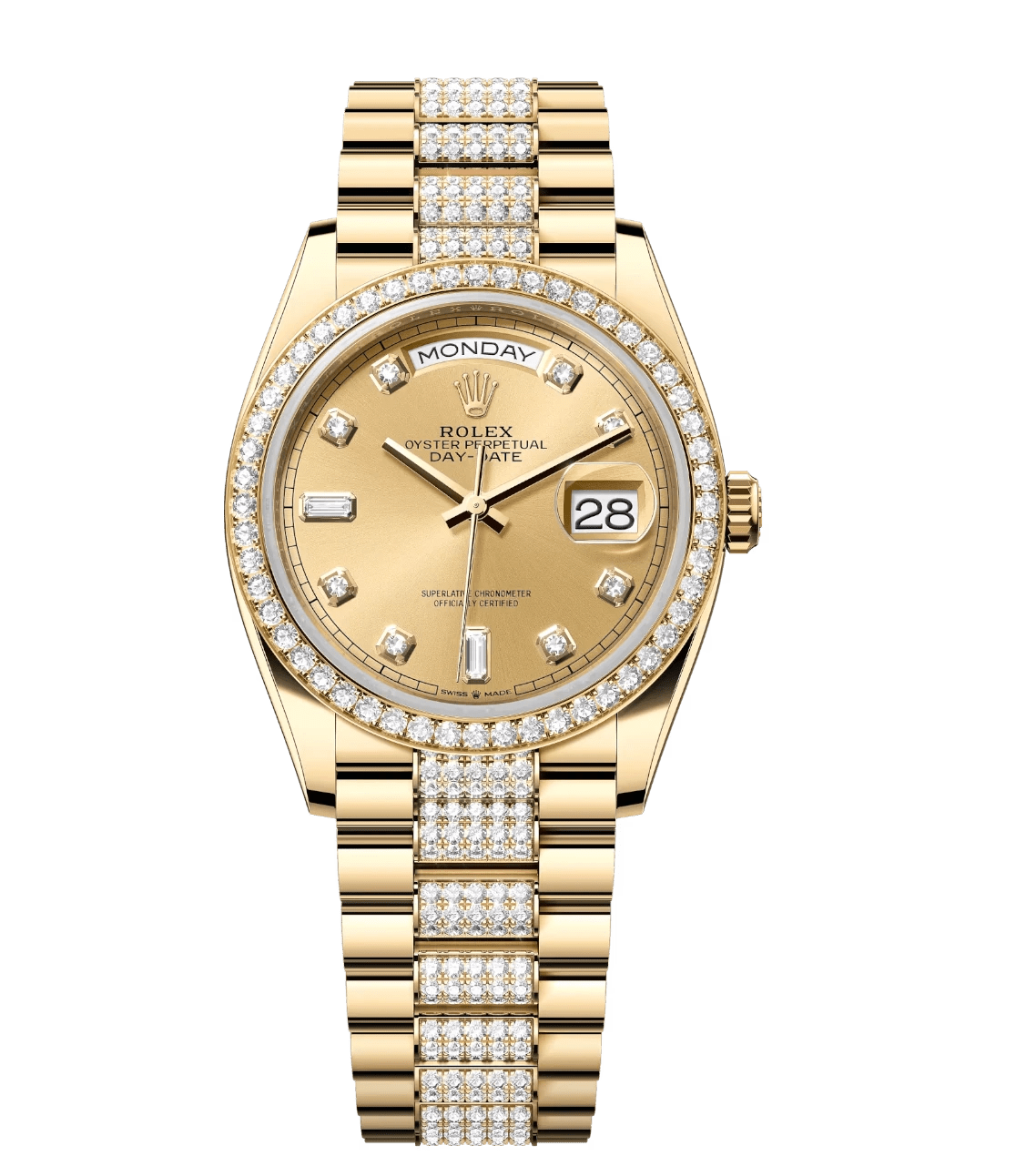 Rolex Day-Date 36 Oyster Perpetual 18 ct yellow gold white mother-of-pearl, diamond-set dial diamond-set bezel diamond-set President band Reference 128348RBR FreshLook 1681