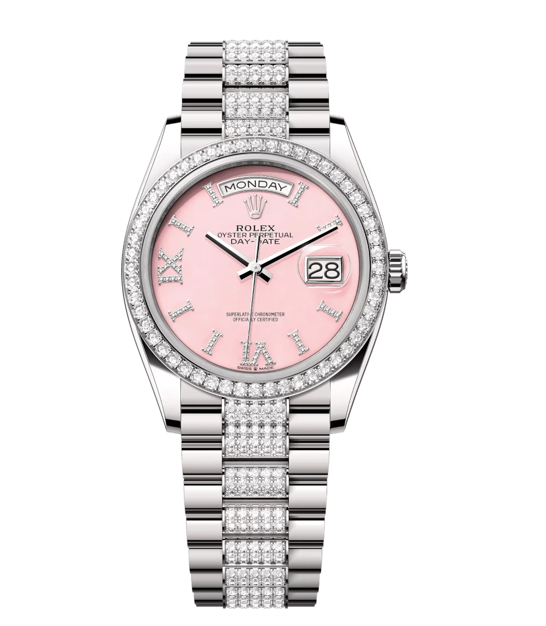 Rolex Day-Date 36 Oyster Perpetual 18 ct white gold pink, diamond-set dial diamond-set bezel diamond-set President band Reference 128349RBR Stretchable 1676