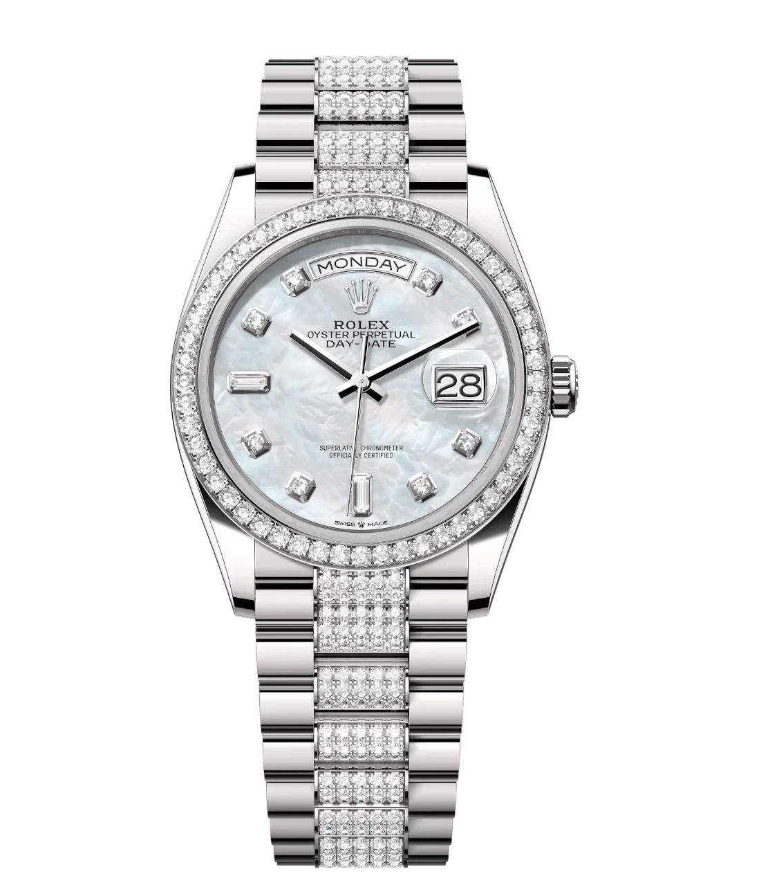 UrbanStyle Rolex Day-Date 36 Oyster Perpetual 18 ct white gold white mother-of-pearl, diamond-set dial diamond-set bezel diamond-set President band Reference 128349RBR 1677