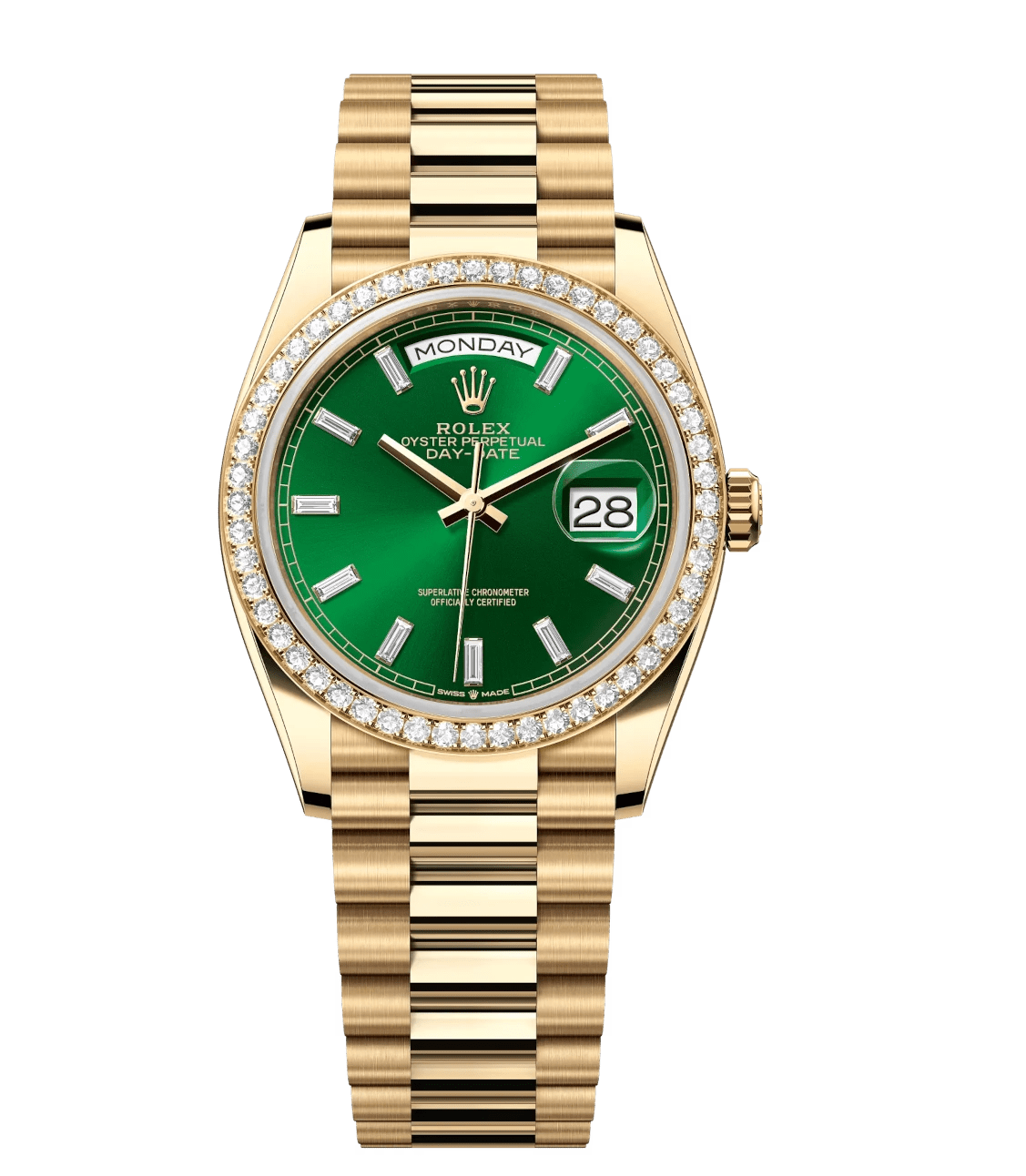 Rolex Day-Date 36 Oyster Perpetual 18 ct yellow gold bright green, diamond-set dial diamond-set bezel President band Reference 128348RBR UrbanChic 1766