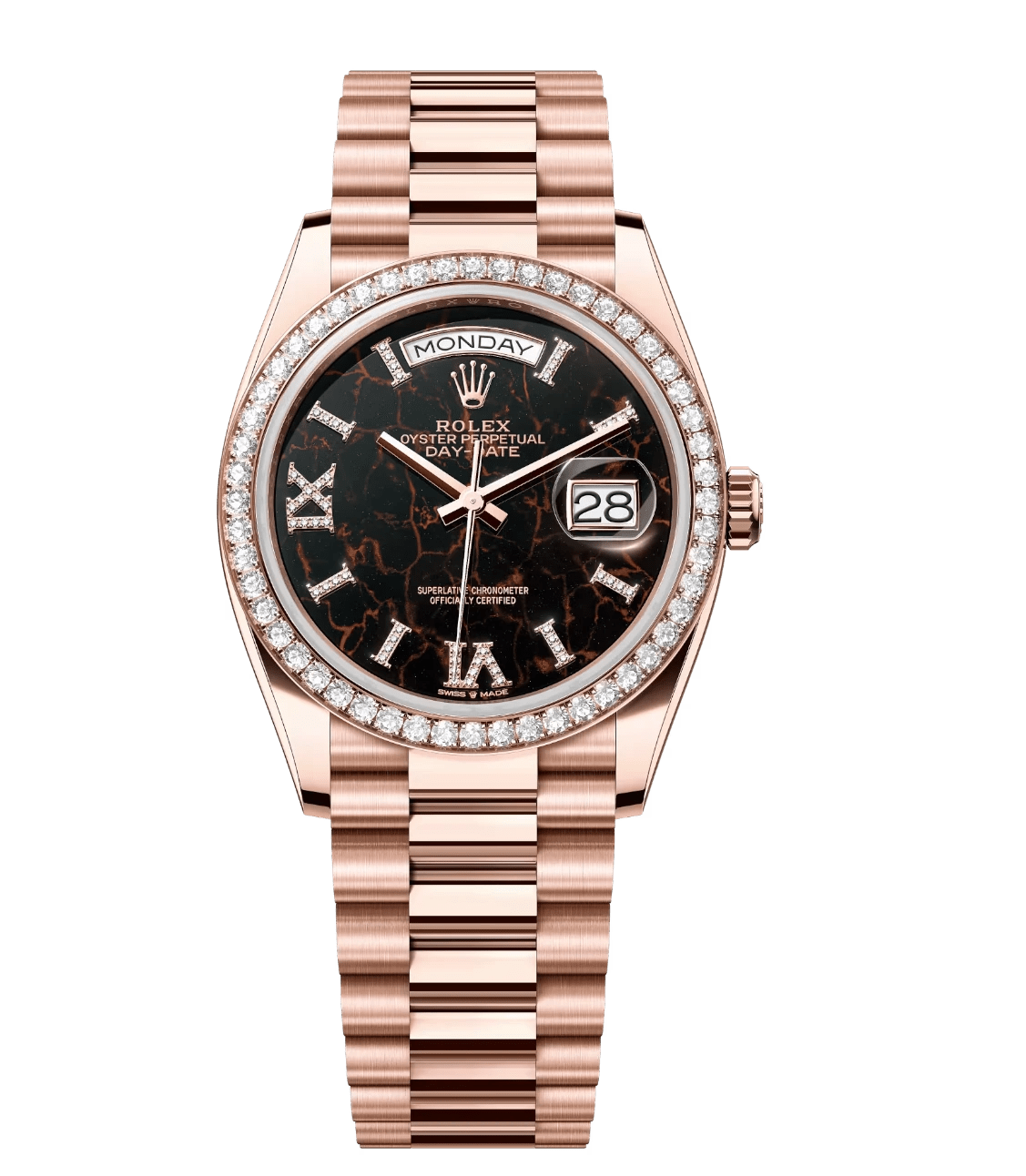 Classic Rolex Day-Date 36 Oyster Perpetual 18 ct Everose gold eisenkiesel, diamond-set dial diamond-set bezel President band Reference 128345RBR 1704