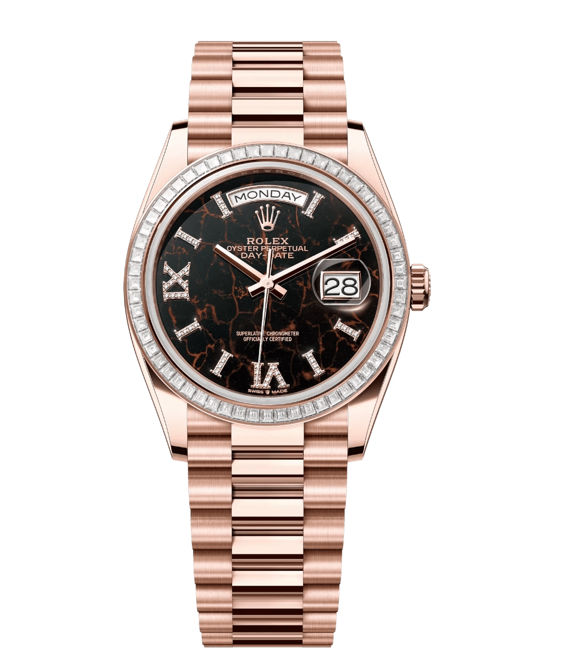 Stretchable Rolex Day-Date 36 Oyster Perpetual 18 ct Everose gold eisenkiesel, diamond-set dial diamond-set bezel President band Reference 128395TBR 1765