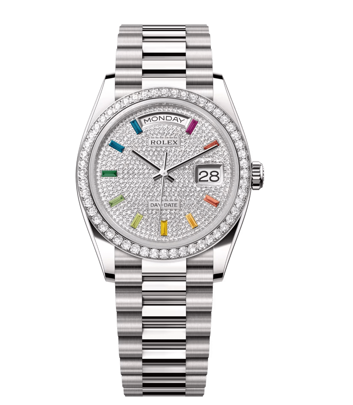 Rolex Day-Date 36 Oyster Perpetual 18 ct white gold diamond-paved dial diamond-set bezel President band Reference 128349RBR StreetReady 1805