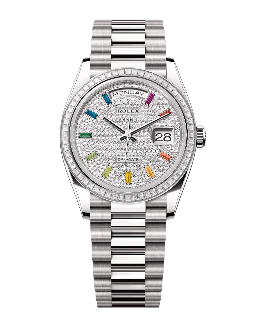 Rolex Day-Date 36 Oyster Perpetual 18 ct white gold diamond-paved dial diamond-set bezel President band Reference 128399TBR ModernLook 1741