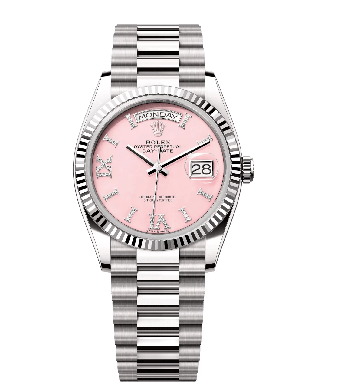 ZeroBulk Rolex Day-Date 36 Oyster Perpetual 18 ct white gold pink opal, diamond-set dial fluted bezel President band Reference 1790