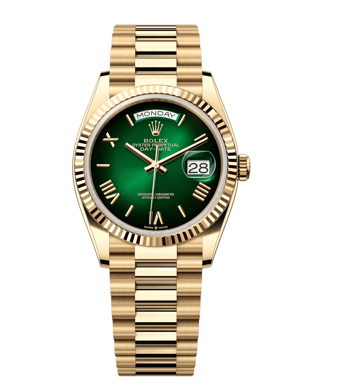 Rolex Day-Date 36 Oyster Perpetual 18 ct yellow gold green ombré dial fluted bezel President band Reference Trendy 1796