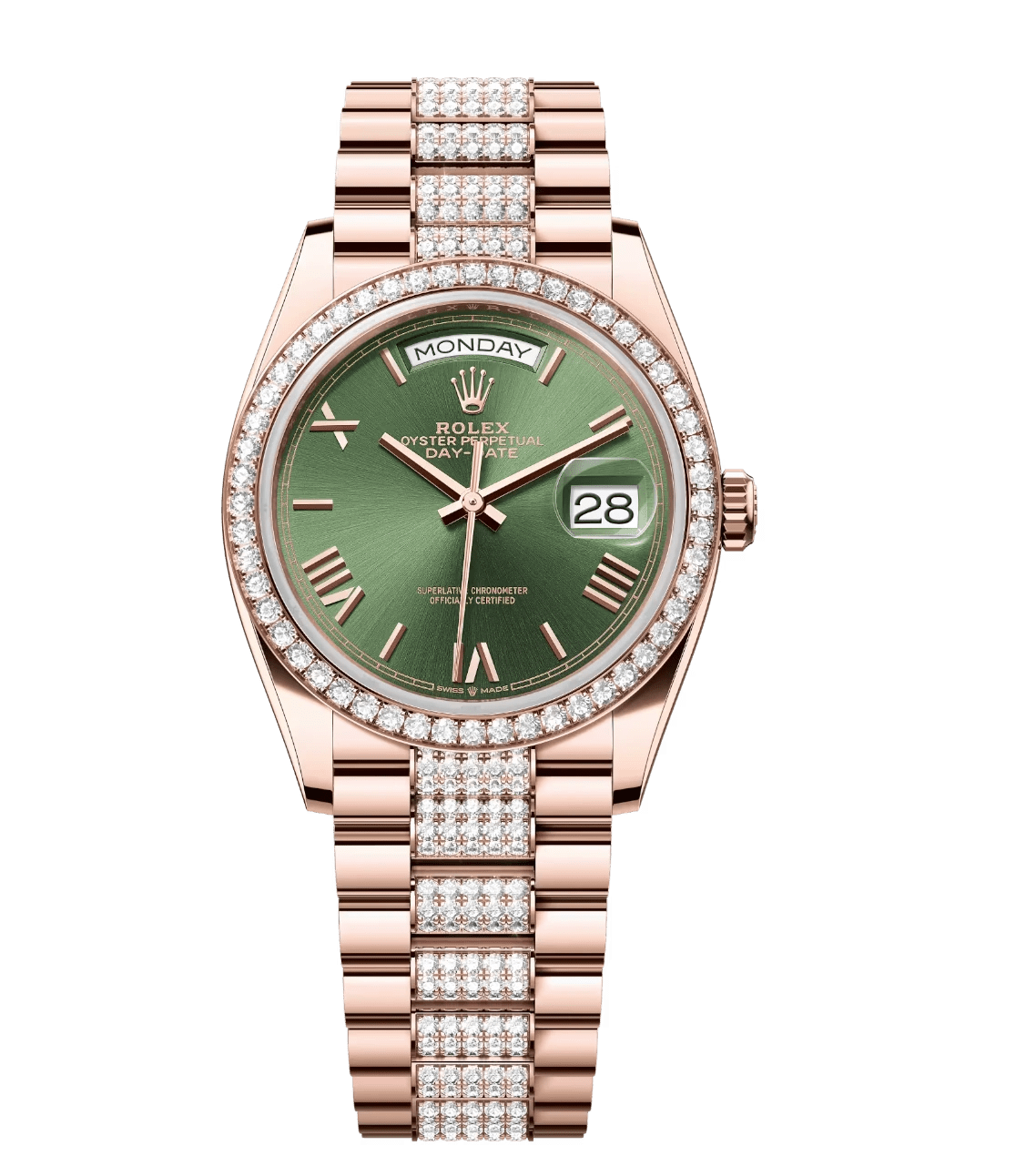 Rolex Day-Date 36 Oyster Perpetual 18 ct Everose gold olive-green dial diamond-set bezel diamond-set President band Reference 128345RBR DailyWear 1680