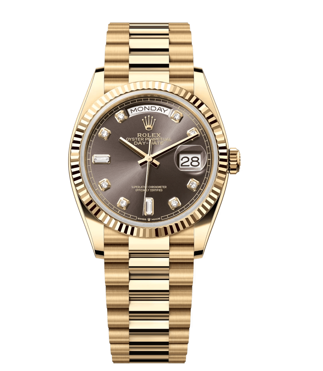 Rolex Day-Date 36 Oyster Perpetual 18 ct yellow gold dark grey, diamond-set dial fluted bezel President band Reference Comfortable 1812