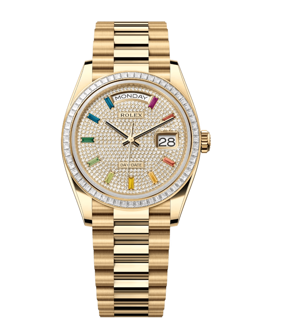 RelaxedFit Rolex Day-Date 36 Oyster Perpetual 18 ct yellow gold diamond-paved dial diamond-set bezel President band Reference 128398TBR 1712