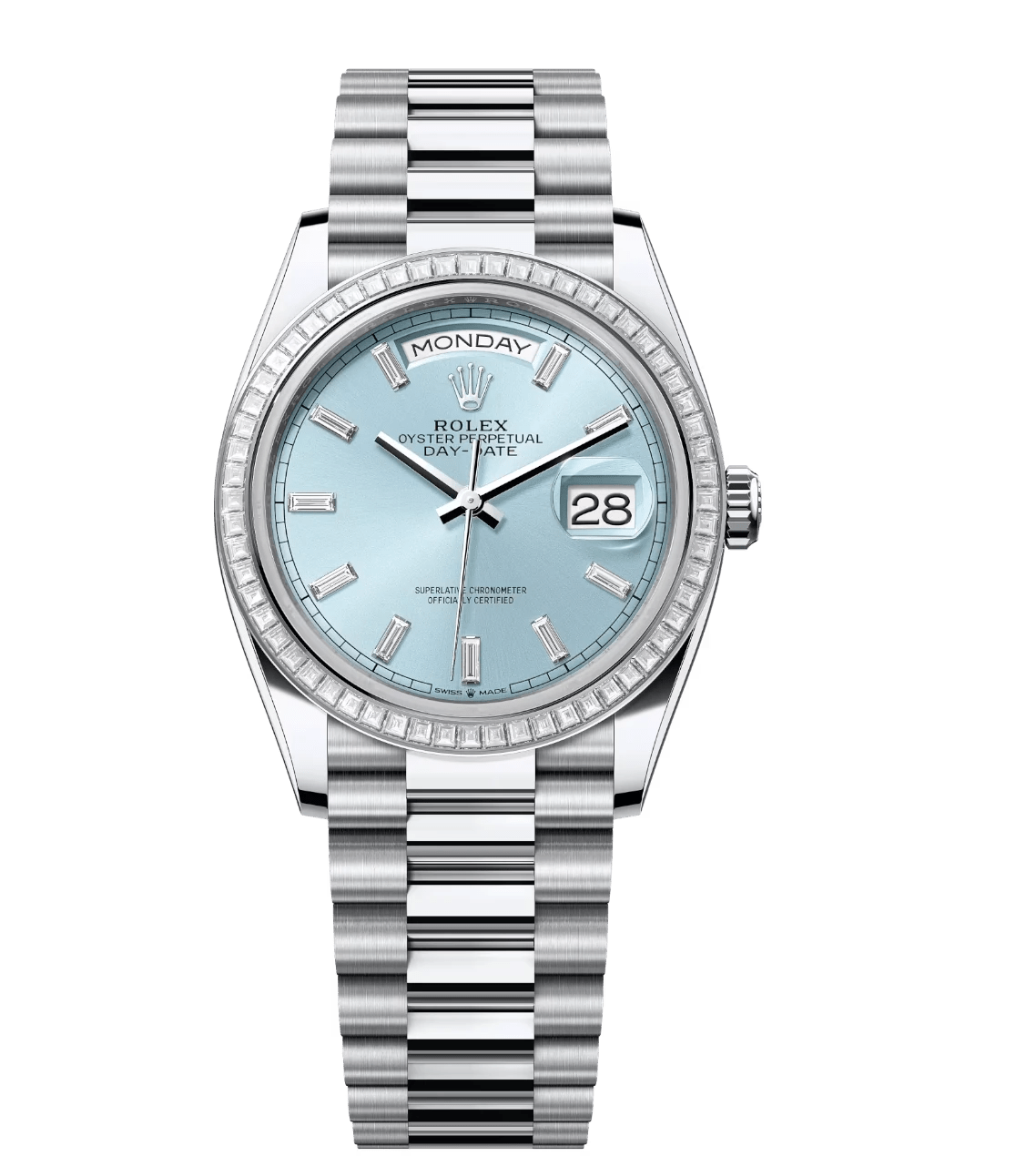 Comfortable Rolex Day-Date 36 Oyster Perpetual platinum ice-blue, diamond-set dial diamond-set bezel President band Reference 128396TBR 1737