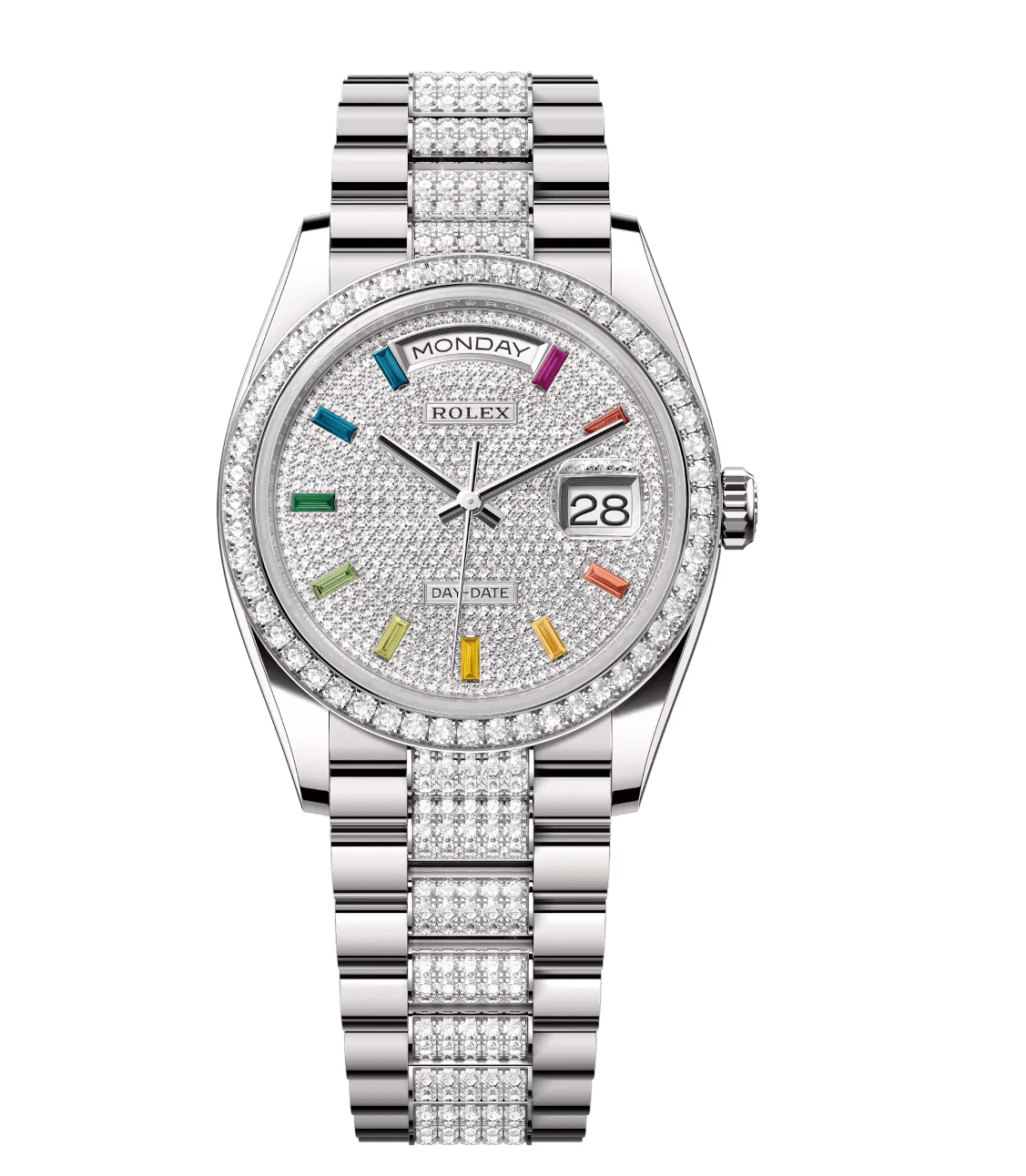 Rolex Day-Date 36 Oyster Perpetual 18 ct white gold diamond-paved dial diamond-set bezel diamond-set President band Reference 128349RBR Breathable 1784