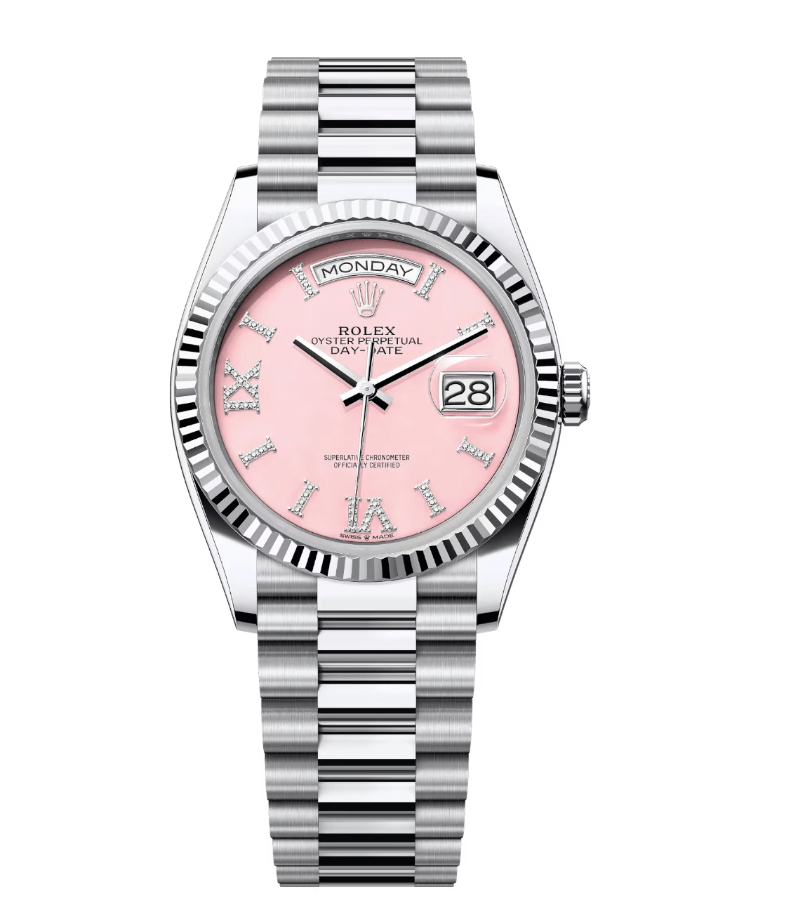 Rolex Day-Date 36 Oyster Perpetual 18 ct platinum gold pink opal, diamond-set dial fluted bezel President band Reference Youthful 1744