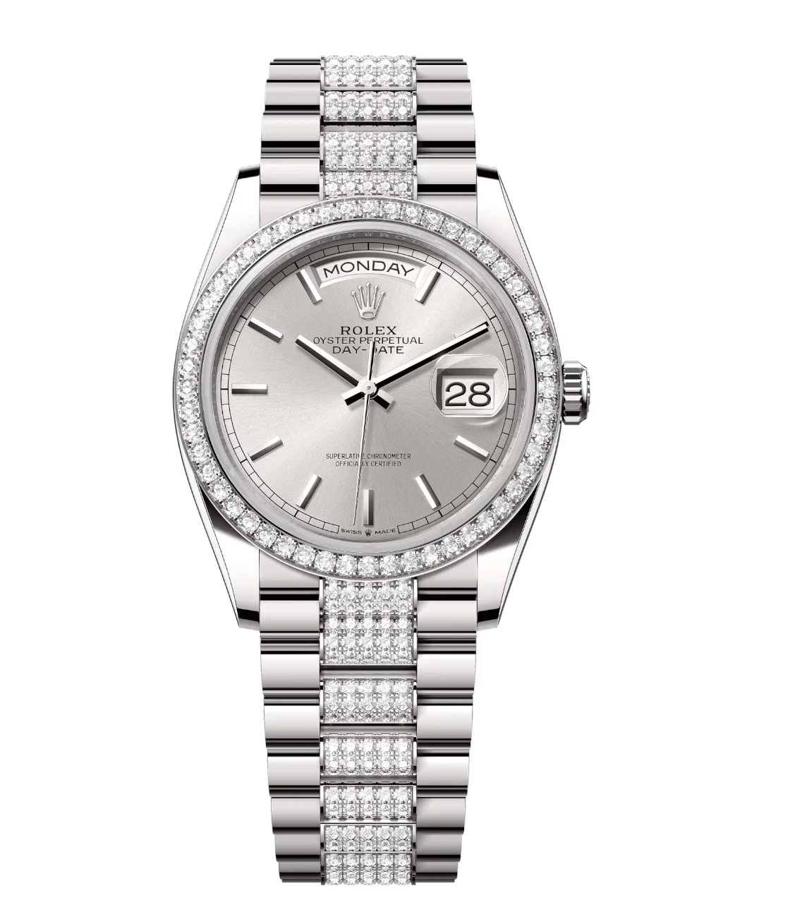 Trendsetting Rolex Day-Date 36 Oyster Perpetual 18 ct white gold silver dial diamond-set bezel diamond-set President band Reference 128349RBR 1692