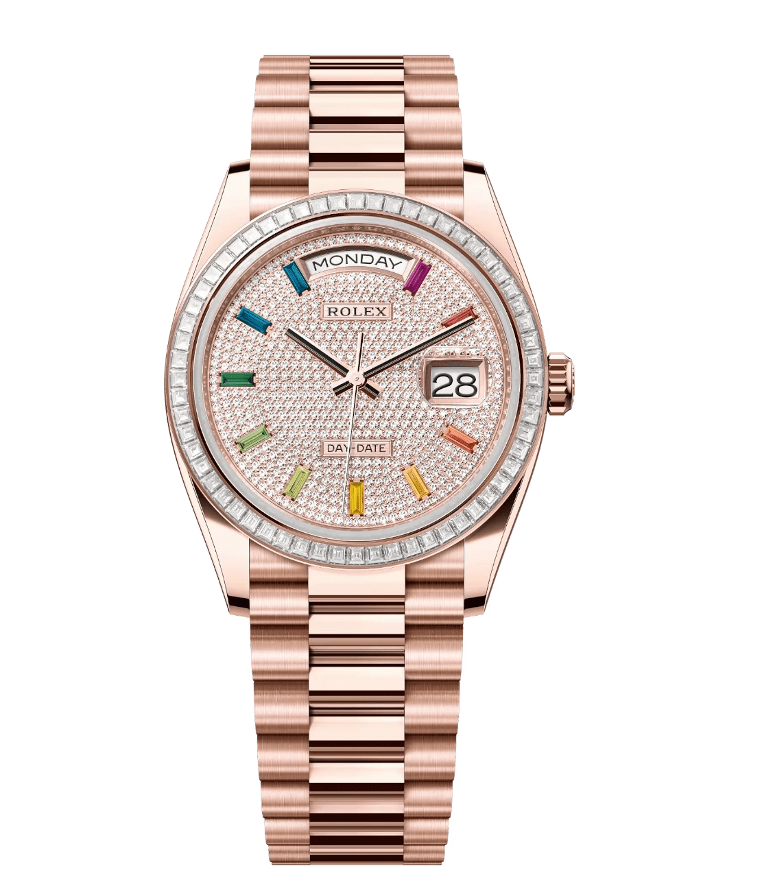 Rolex Day-Date 36 Oyster Perpetual 18 ct Everose gold diamond-paved dial diamond-set bezel President band Reference 128395TBR DailyWear 1696