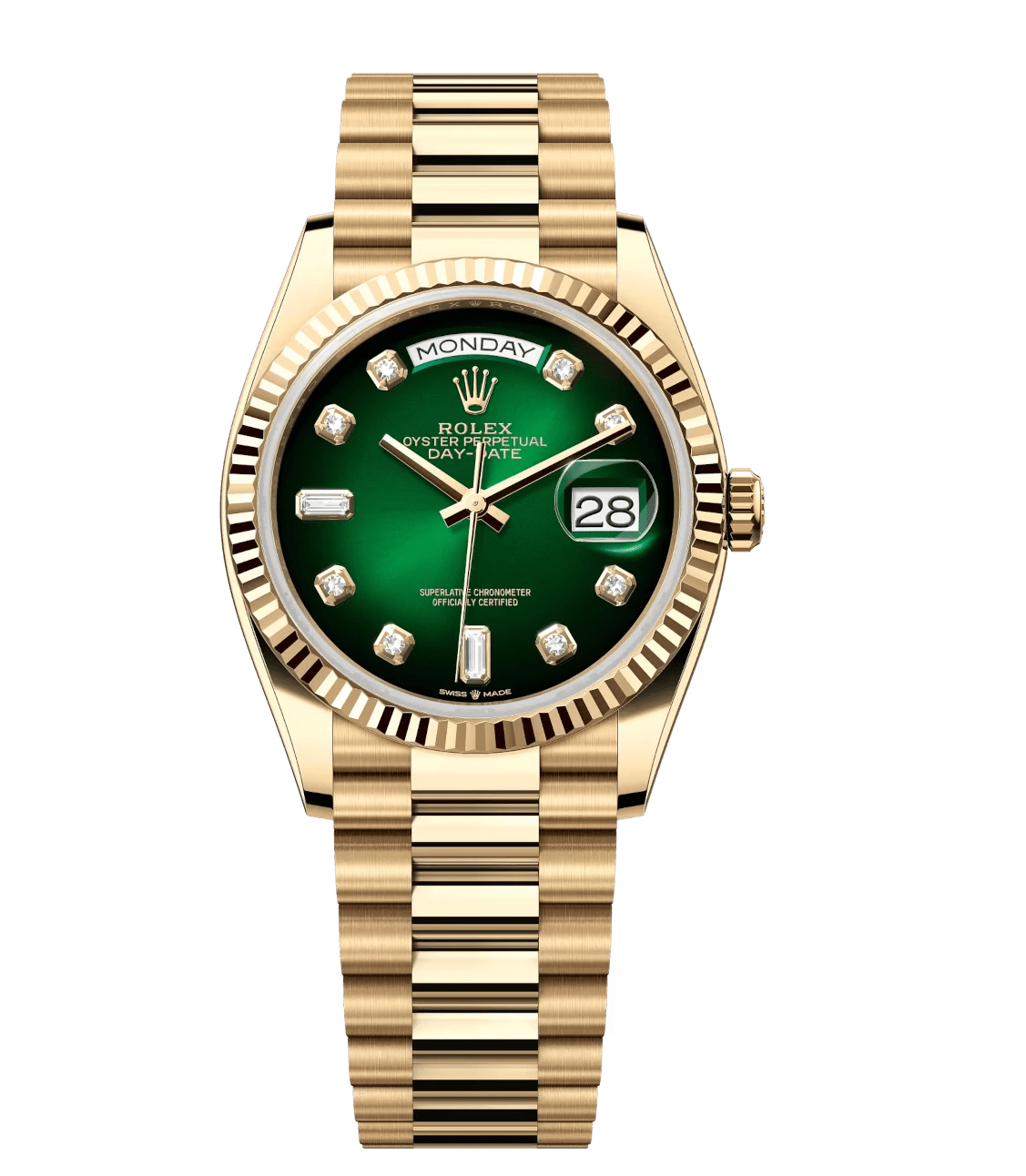 Rolex Day-Date 36 Oyster Perpetual 18 ct yellow gold green ombré, diamond-set dial fluted bezel President band Reference GoodFit 1807