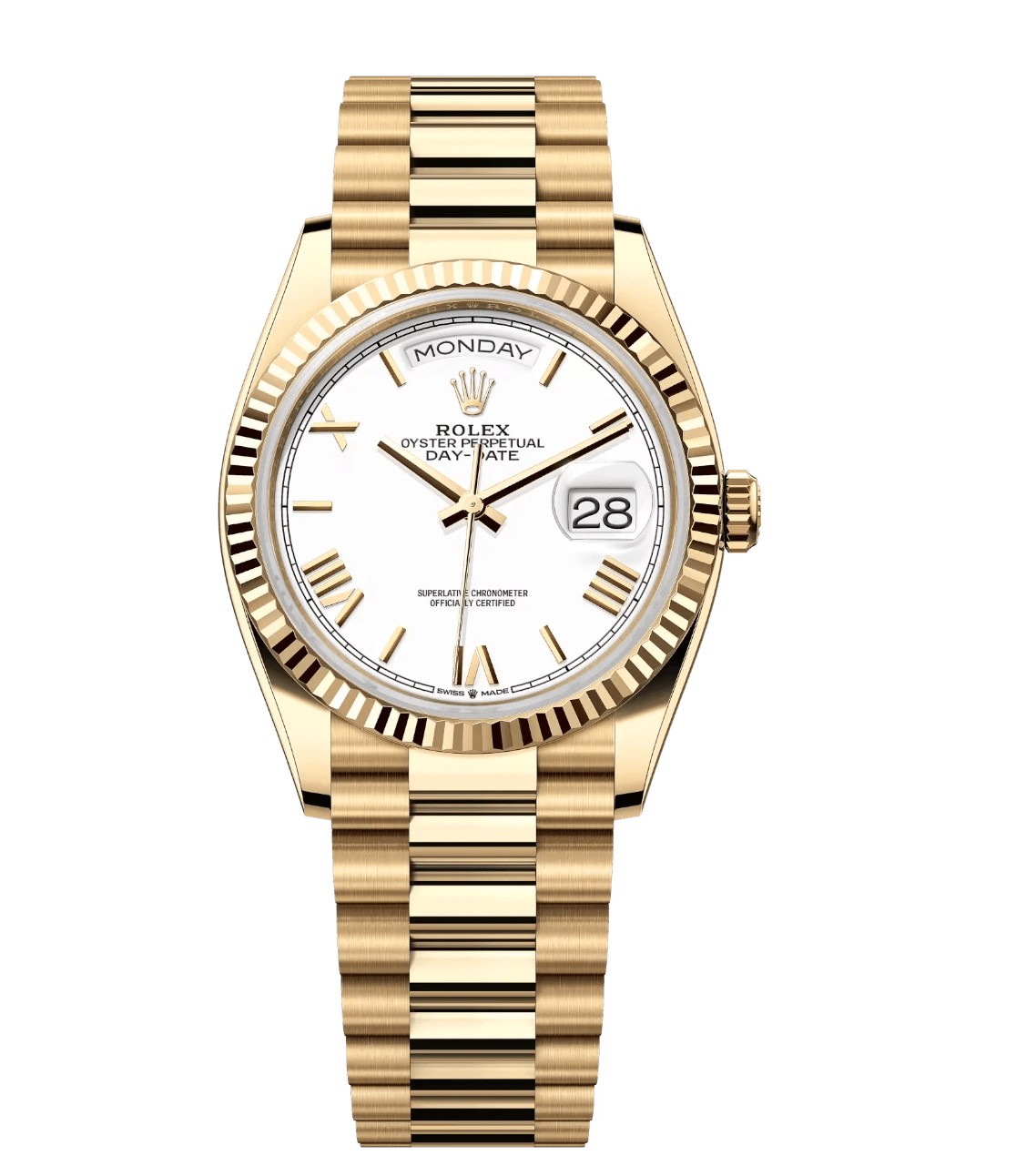 Fashionable Rolex Day-Date 36 Oyster Perpetual 18 ct yellow gold white dial fluted bezel President band Reference 1710
