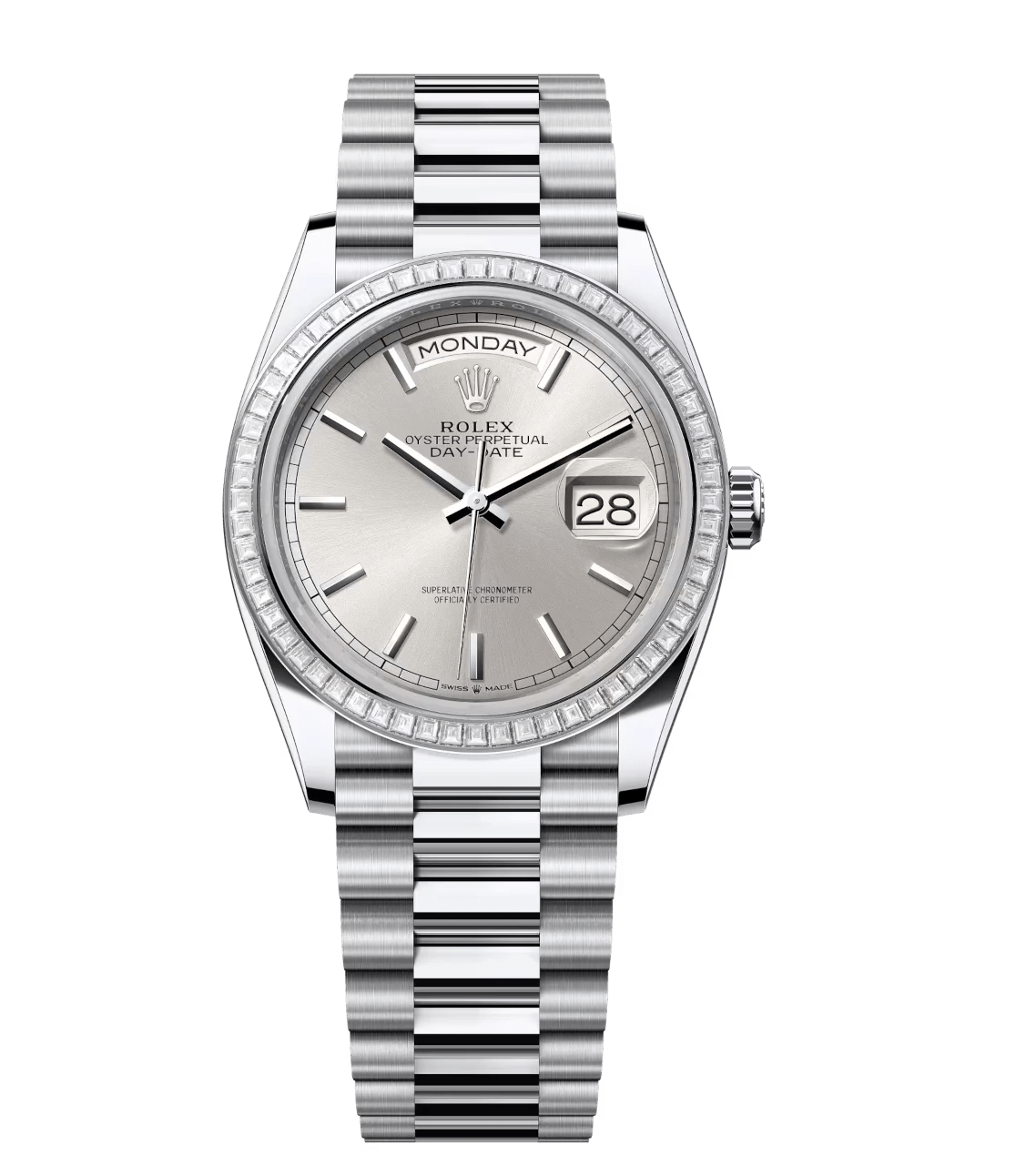 HighPerformance Rolex Day-Date 36 Oyster Perpetual platinum silver dial diamond-set bezel President band Reference 128396TBR 1775