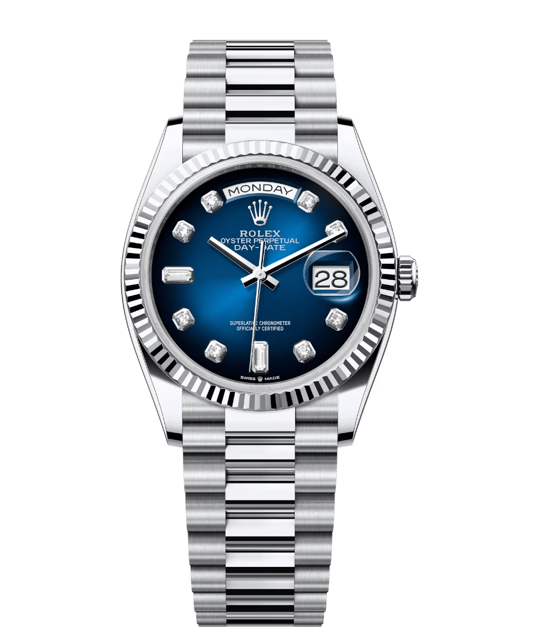 Trendsetting Rolex Day-Date 36 Oyster Perpetual platinum blue ombré, diamond-set dial fluted bezel President band Reference 1758