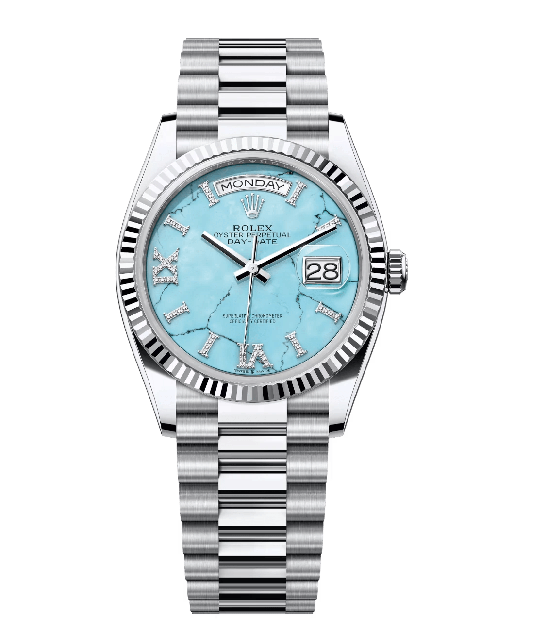 Rolex Day-Date 36 Oyster Perpetual platinum turquoise, diamond-set dial fluted bezel President band Reference SoftTouch 1691