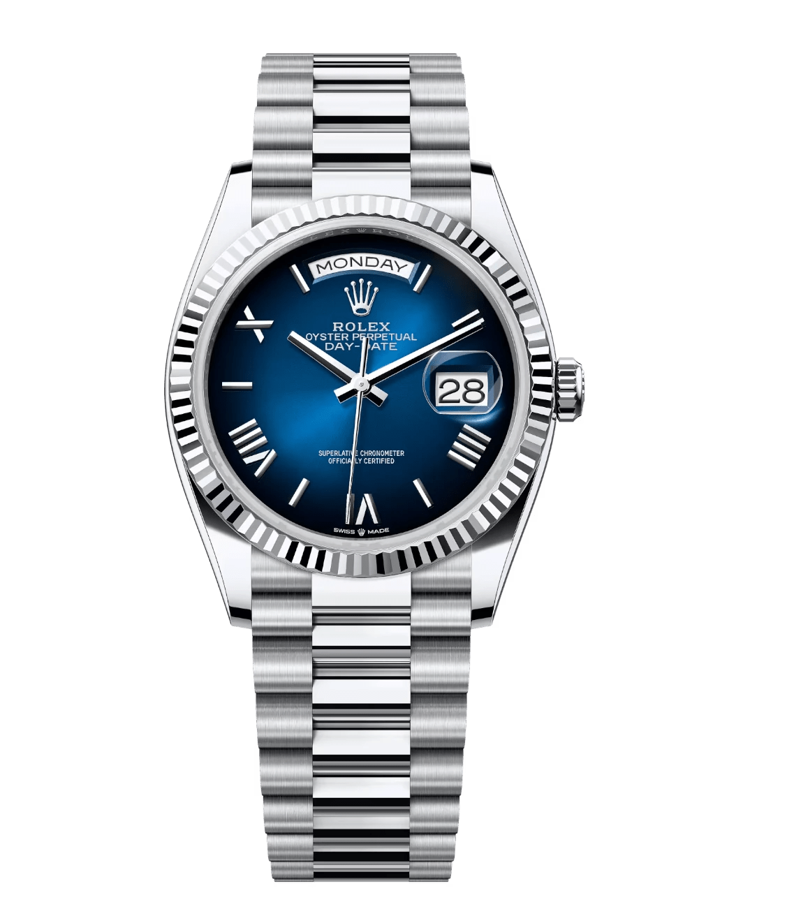 SportInspired Rolex Day-Date 36 Oyster Perpetual platinum blue ombré dial fluted bezel President band Reference 1740