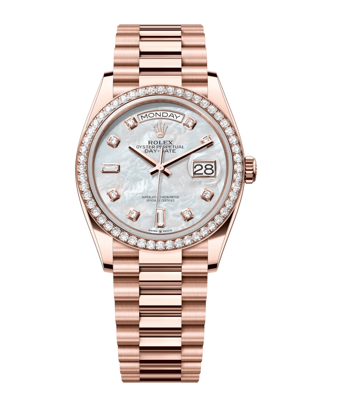 Rolex Day-Date 36 Oyster Perpetual 18 ct Everose gold white mother-of-pearl, diamond-set dial diamond-set bezel President band Reference 128345RBR WellDesigned 1795