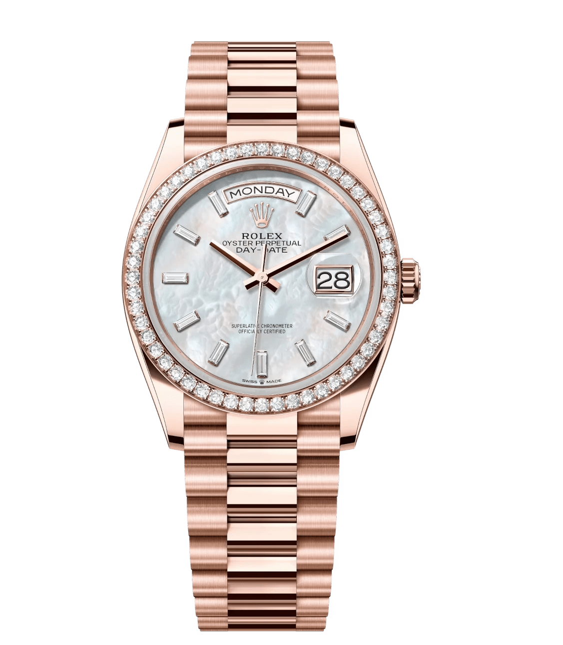 Youthful Rolex Day-Date 36 Oyster Perpetual 18 ct Everose gold white mother-of-pearl, diamond-set dial diamond-set bezel President band Reference 128345RBR 1791